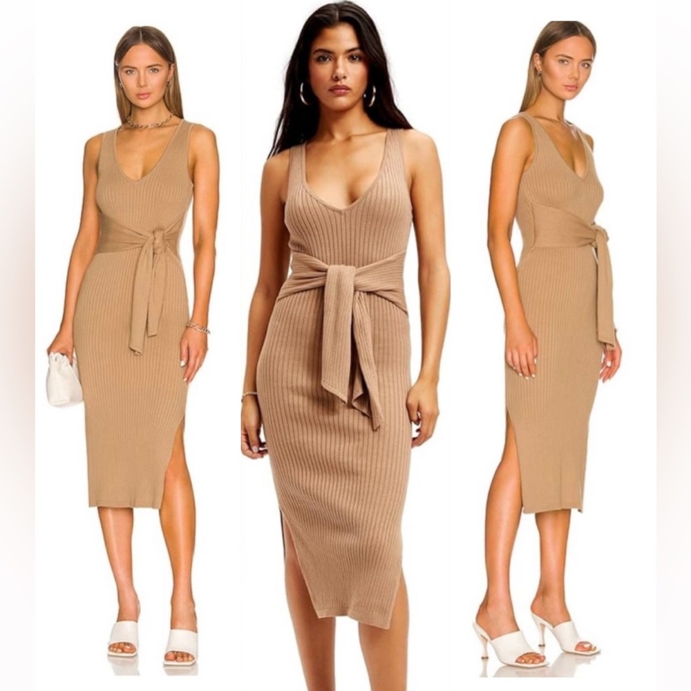 Good American Tan Belted Body Midi Ribbed Wrap Dress